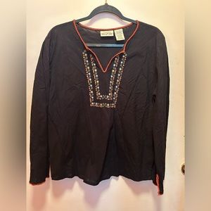 White Stag Petite Size Large 12/14 Ebroidered Black Blouse